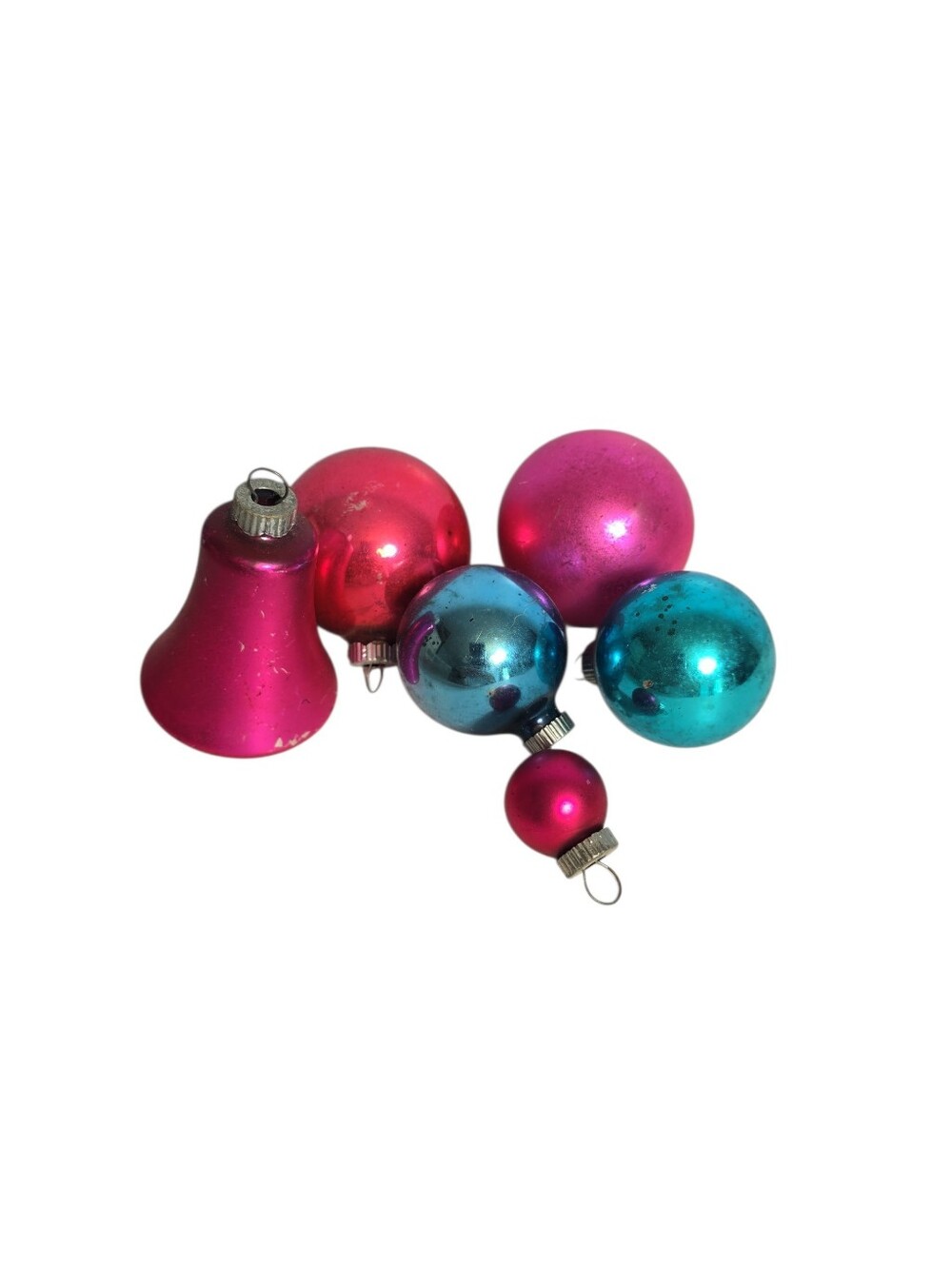 Lot of 6 Vtg Shiny Brite Glass Christmas Ornaments Various Sizes Colors 1 Bell